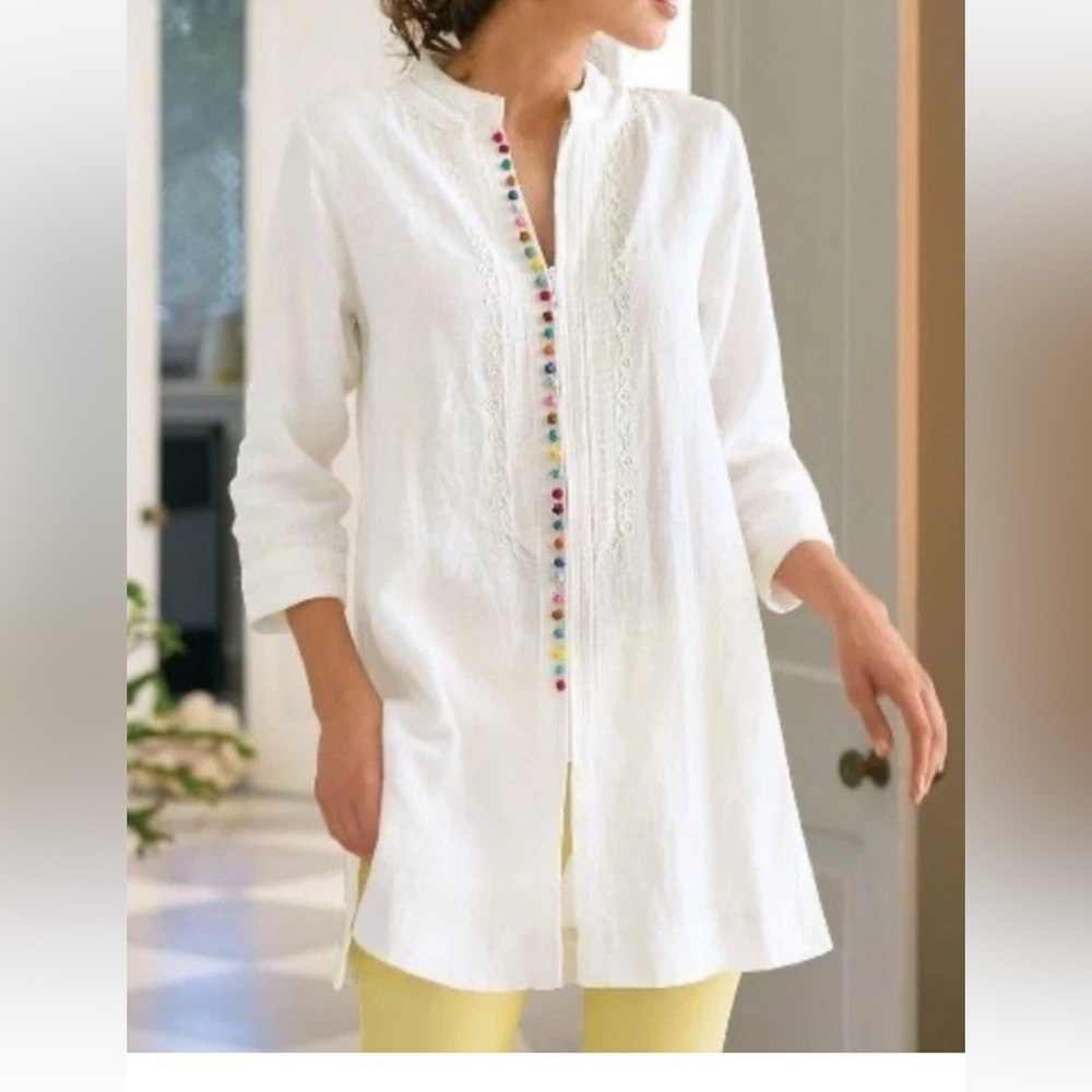 Coastal Soft Surroundings Linen Desert Tunic White Rainbow, India Zip, size L